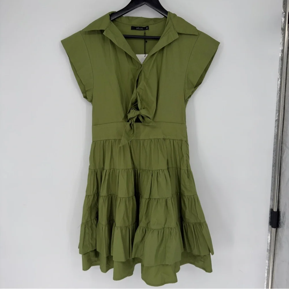 NEW DELUC Green Olive Frilly Mini Tiered Dress Sz Medium - Picture 2 of 7
